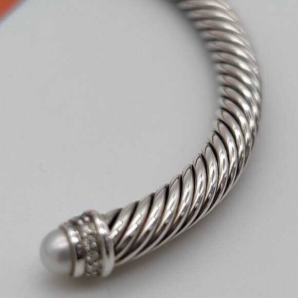 DAVID YURMAN 5mm Cable Classic Pearl Bracelet Pavé Diamonds Sterling Silver 7 in - Picture 4 of 8